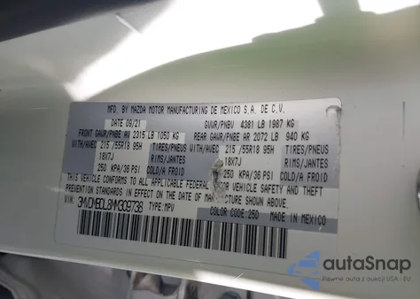 2021 Mazda Cx-30 Premium z USA, uszkodzony, nr VIN 3MVDMBDL8MM309738